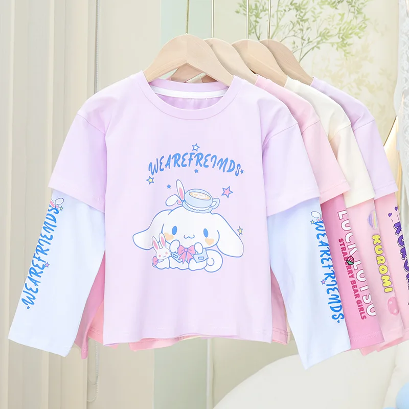 

New girls long-sleeved cotton T-shirt Kuromi spring and autumn one-piece T-shirt set fashionable and versatile girl holiday gift