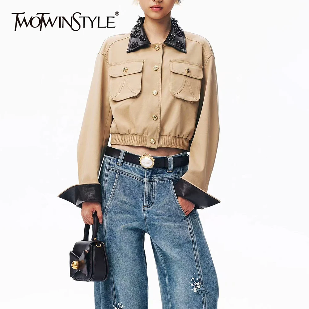TWOTWINSTYLE Vintage Cropped Jacket for Women Floral Embossed Faux Leather Collar Long Sleeve Flap Pockets Button Elastic Hem