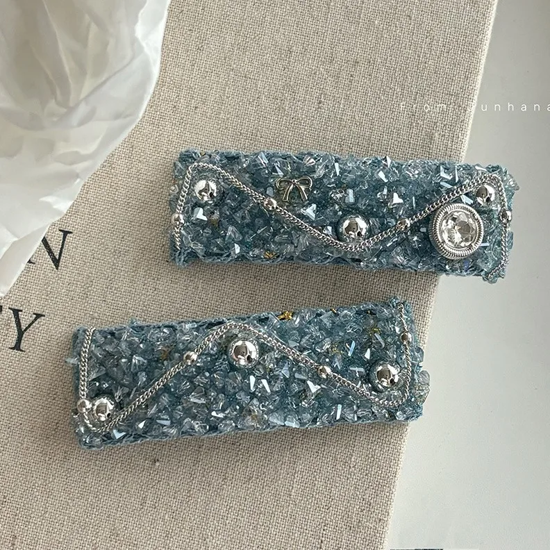 South Korea Full Diamond Denim Beaded Barrettes Bow BB Clip Back Head Headdress Side Clip Bang Clip Headdress