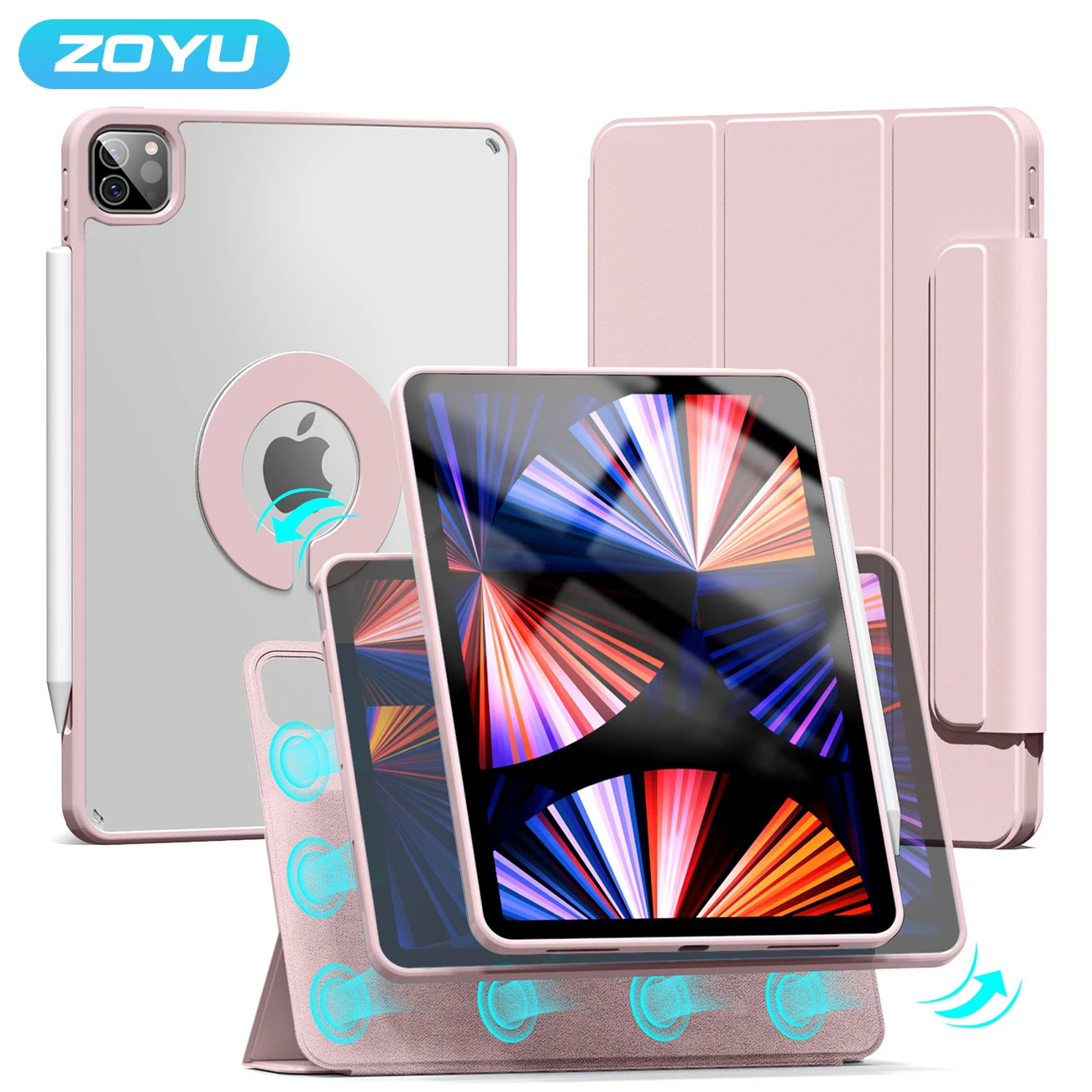 ZOYU For iPad Air 4/5 10.9 Pro 11 12.9 inch Magnetic Case, For iPad Mini 6 10.2 9th 8th 7th Gen Rotate 360°Detachable Back Case