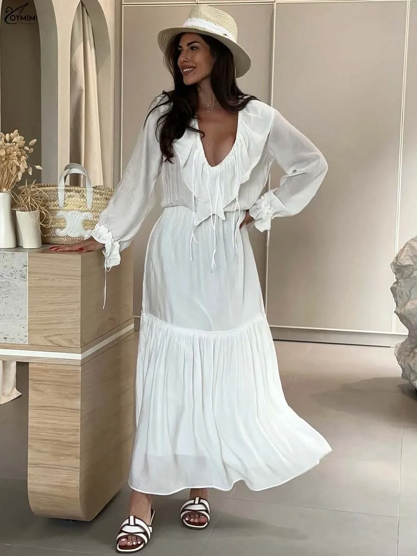 

Oymimi Fashion White Loose Womens Dresses Casual V-Neck Long Sleeve Lace-Up Dresses Elegant High Waist Pleated Dress Streetwear