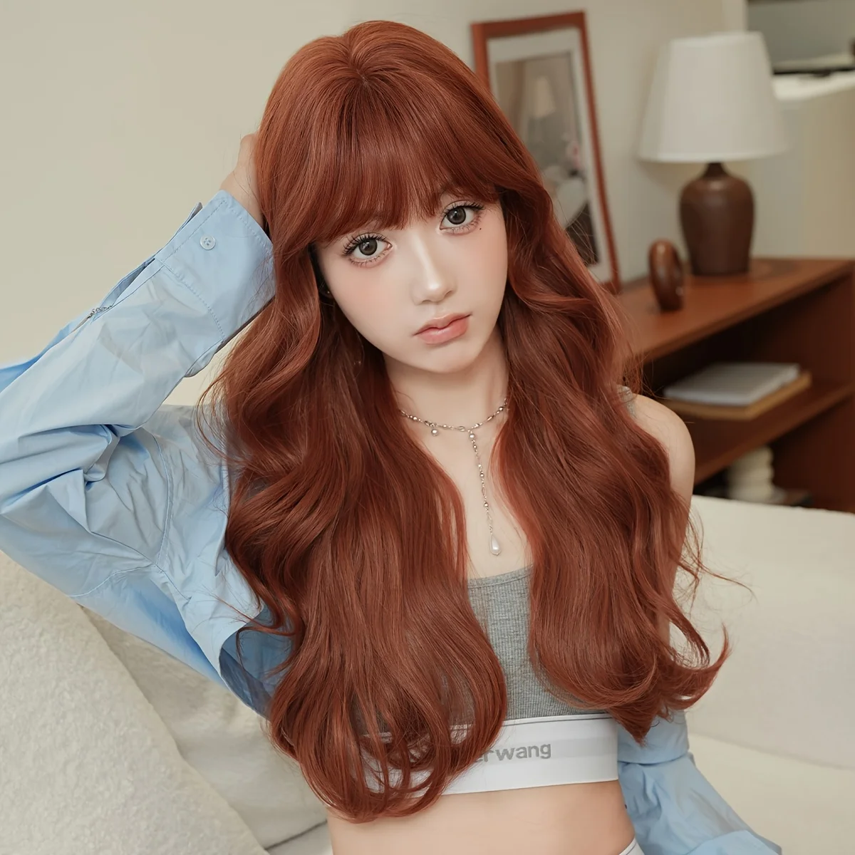 7JHH WIGS Long Water Wave Coppery Brown Wigs for Women Synthetic Modest Fashion Wear and Go Orange Wigs with Neat Bangs - view 2