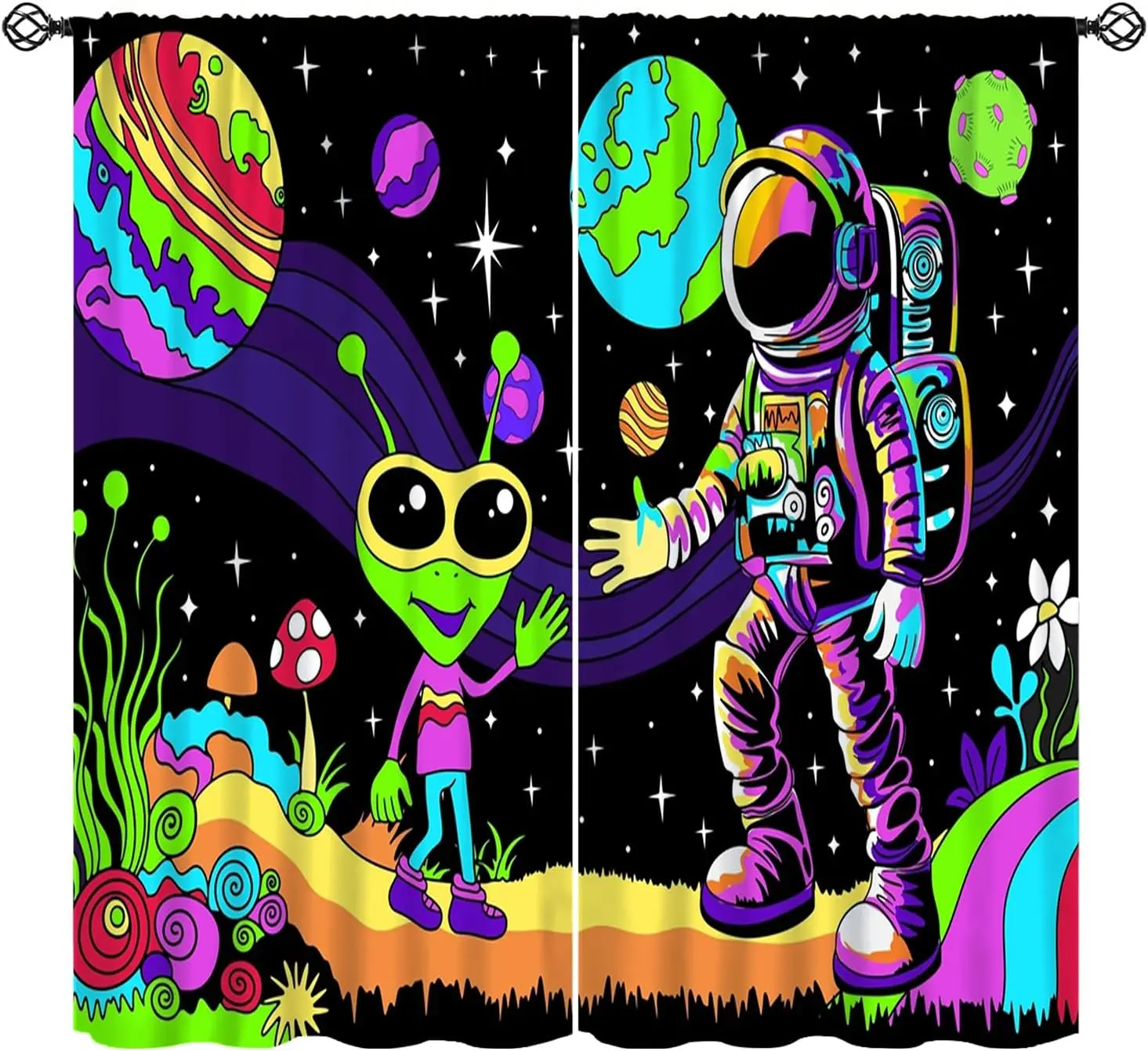Cartoon Alien Curtains Colorful Alien Astronaut Meeting Space Exploring Window Treatments, Rod Pocket Thermal Insulated 2 Panel