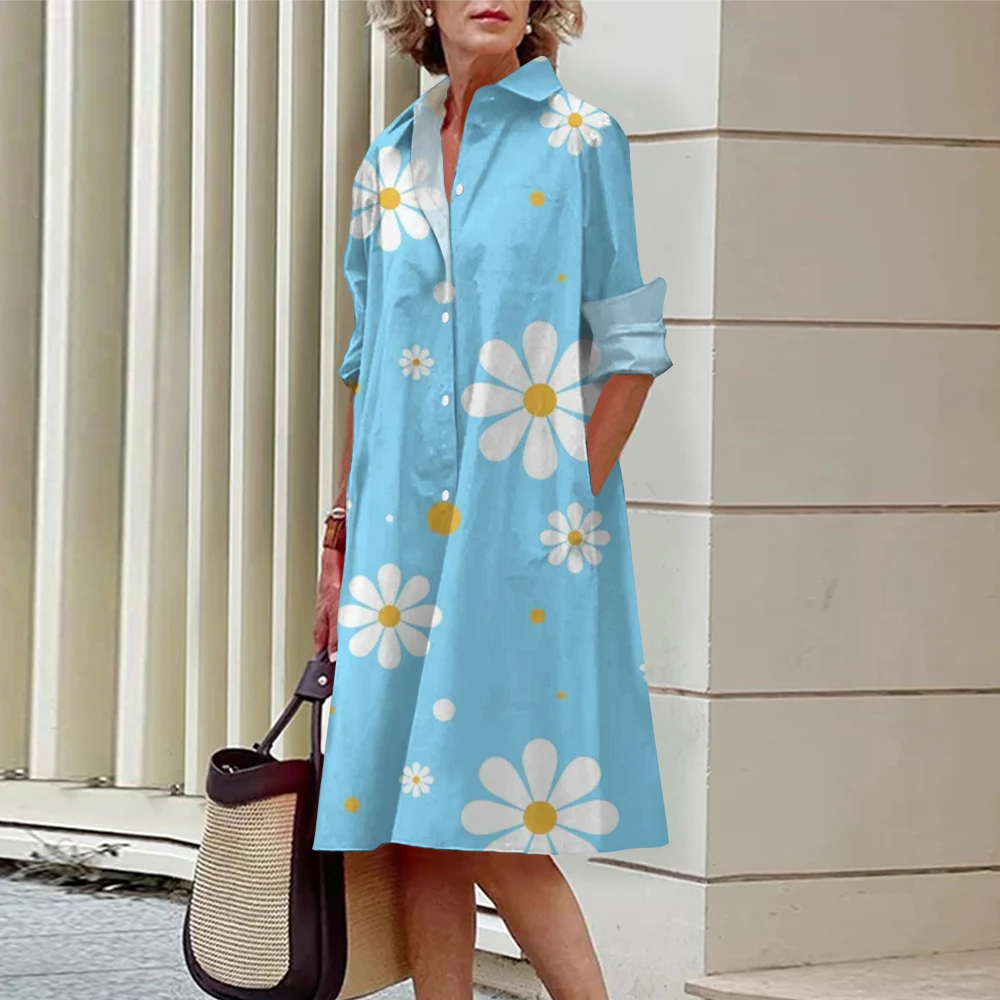 Women's Lapel Long-Sleeved Shirt Dress Knee-Length Skirt Small Daisy Print Elegant Breathable Comfortable Spring And Summer