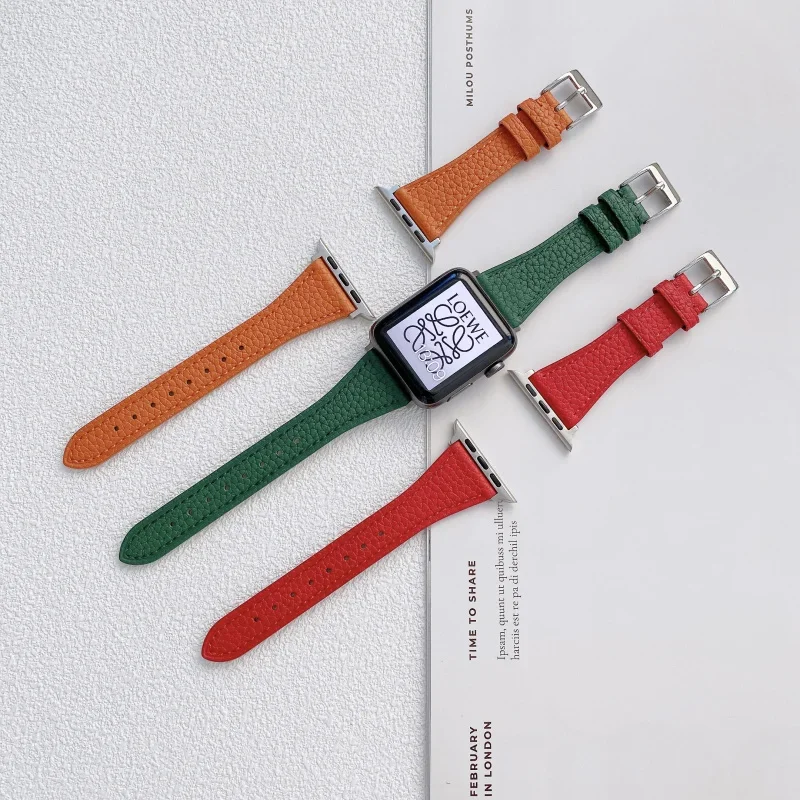 นาฬิกา Apple สายหนังรูปตัว T สำหรับผู้หญิง FF-13bx 6 5 4 3สายหนังลายลิ้นจี่เอวเล็ก38มม. 40มม. 42มม. 44มม.