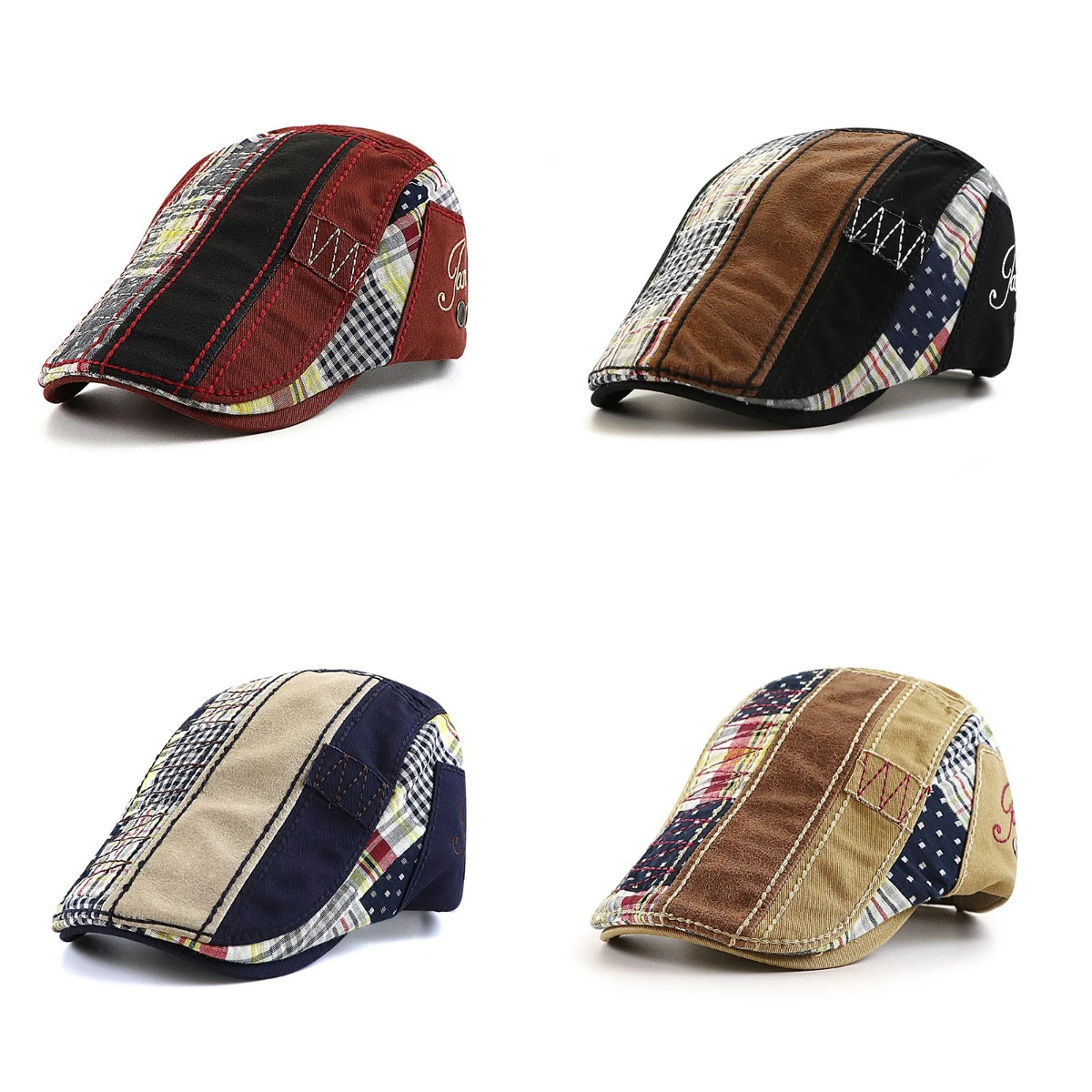 

Retro Plaid Patchwork Berets Hat for Women Men Twill Herringbone Outdoor Hat Flat Cabbie Ivy Cap Peaked Hat Gatsby Newsboy Cap