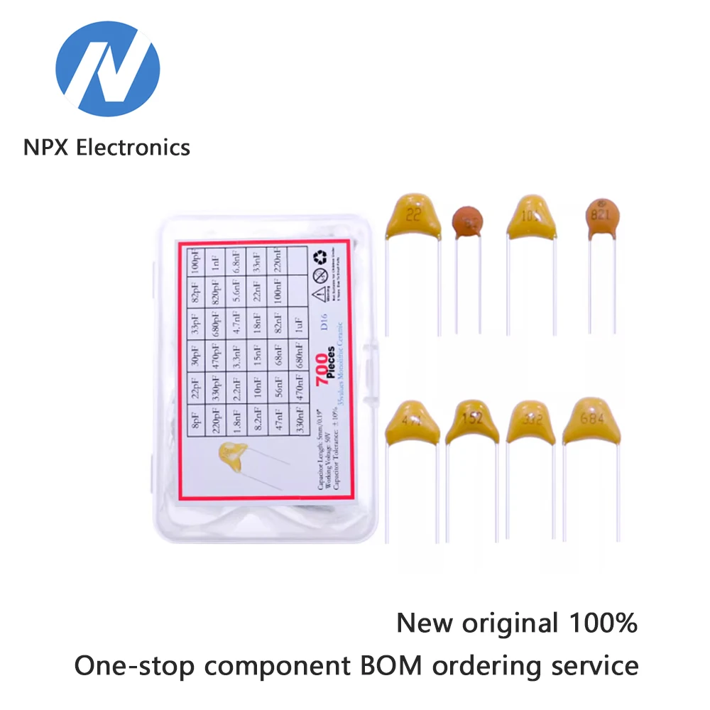 

35 типов 700 индивидуальных керамических конденсаторов с рейтингом 50 В, наскросным отверстием 50 В, нелинейные керамические конденсаторы (8 пФ до 1 мкФ)