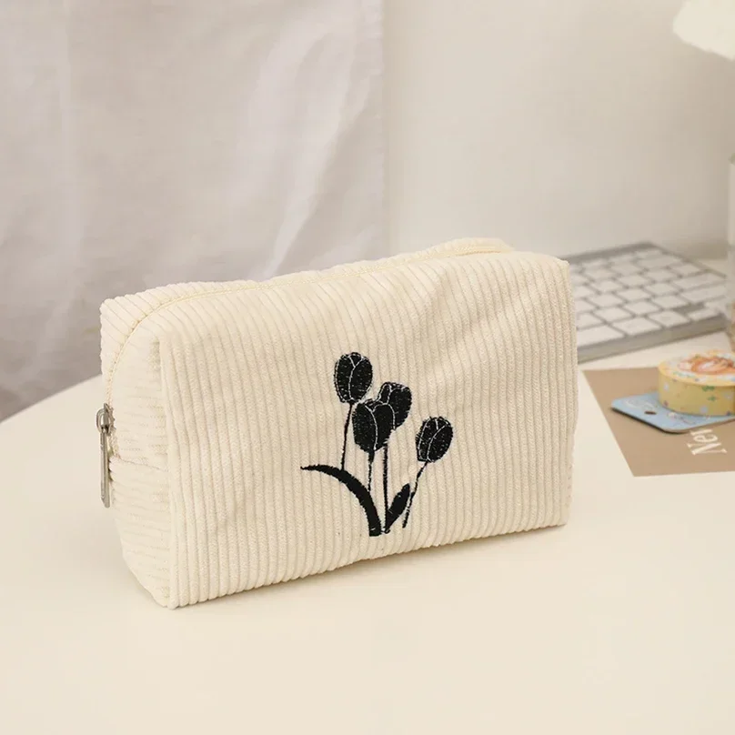 Flowers Makeup Bag School Supplies Large Capacity Pencilcase Estuches Corduroy Bolsos De Maquillaje Pencil Pouch Cosmetic Bag