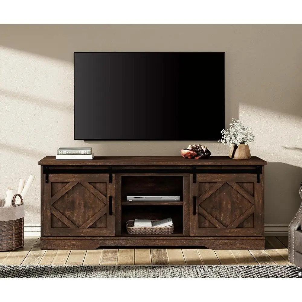 

75 Sliding Door TV Stand, 25.6 High Wood Entertainment Center with Adjustable Shelves for Living Room in Walnut Brown