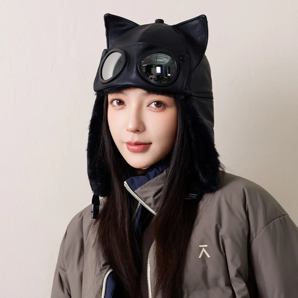 Moutaineering Hats Windproof Winter Pilot Hat With Goggles Plush Pu Warm Ski Hat Neck Protector Velvet Earflap Cap Hiking