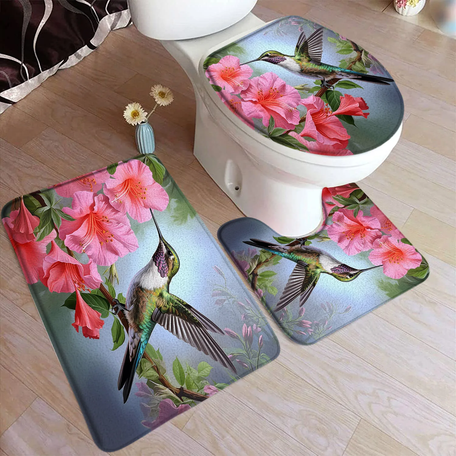 Floral Hummingbird Bath Mat Set Natural Green Leaves Plants Bird Pink Flowers Home Doormat Bathroom Decor Rugs with Toilet Cover