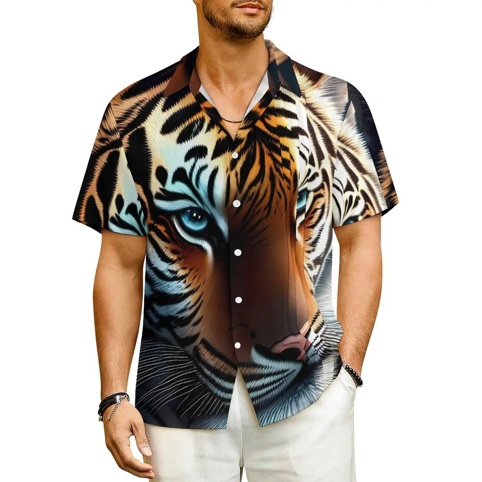 

Caspian Tiger Hawaiian Shirt For Men Beach Big Cat Print Casual Shirts Short Sleeves Harajuku Graphic Elegant Oversized Blouses