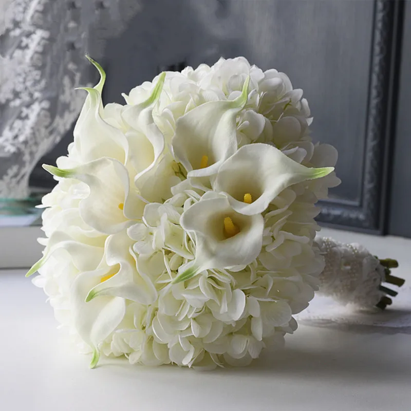 

Free Shipping High Quality Imitation White Calla Albiziae Holding Flower Prop Bridal Wedding Bouquet Finished Artificial