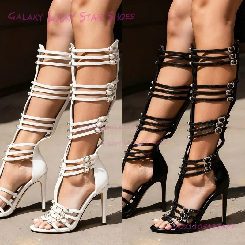 

Dark Brown Leather Buckle Hollow Sandals Knee Boots Women Hollow Round Toe Stiletto Heel Strap Zipper Rivet Wild Cool Girl Shoes