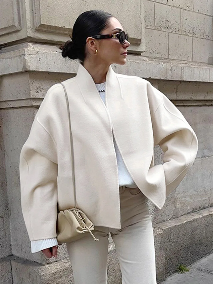 

Fmxires New Casual Female Wool Overcoat Streetwear Patchwork Loose Cardigan Cropped Coat For Women Long Sleeve Solid Y2k Outwear