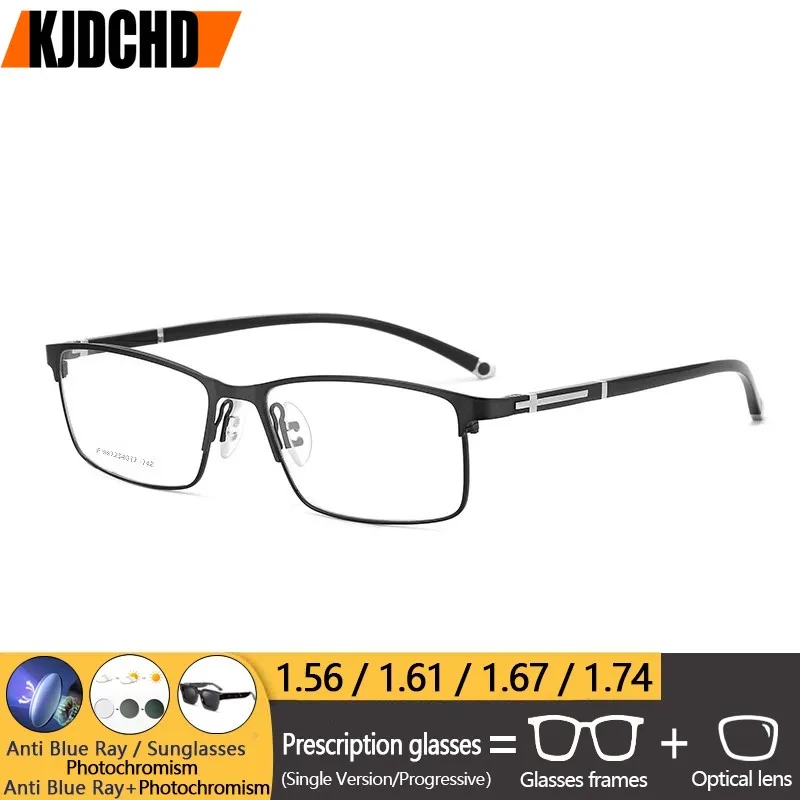 

KJDCHD Men's Myopia Prescription Glasses Square Full Rim Frame Progressive Alloy Optical Eyeglasses Multifocal Business Eyewear