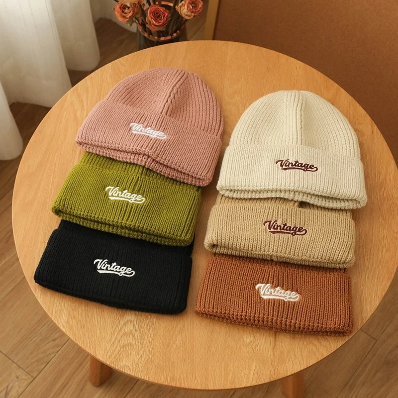 Embroidery knitted cap men and women winter warm ear protection tide head cover leisure versatile wool hat wholesale beanie boos