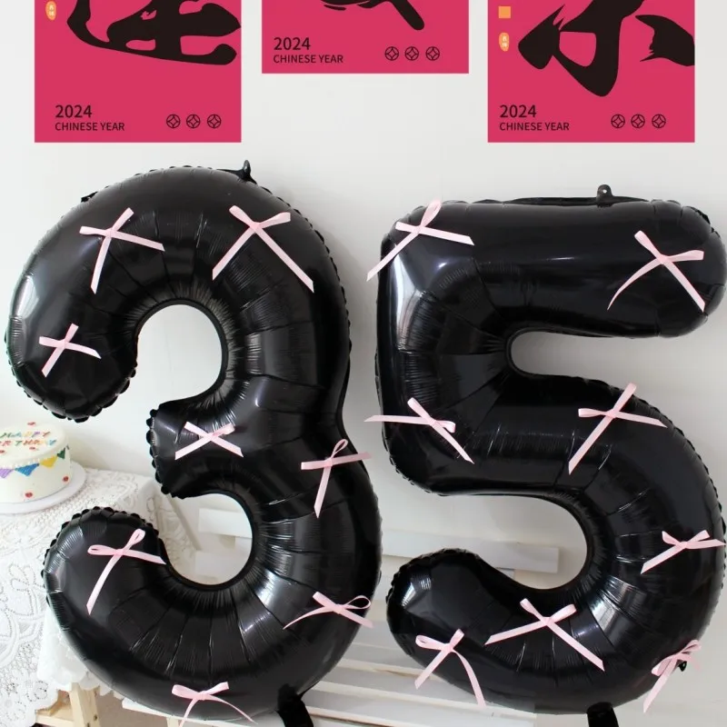 40 inch Large Black Birthday Number Balloon Pink Bowtie Girl's Birthday Party Decoration Arrangement Take Pictures