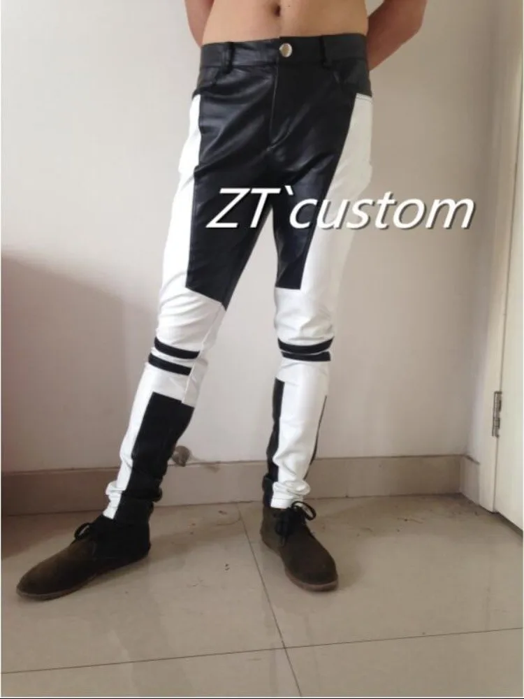 2025 Men\'s Fashion Stitching Leather Pants Stage Ds Bar Nightclub Singer Dance Plus Size PU Trousers Costumes Male Clothing