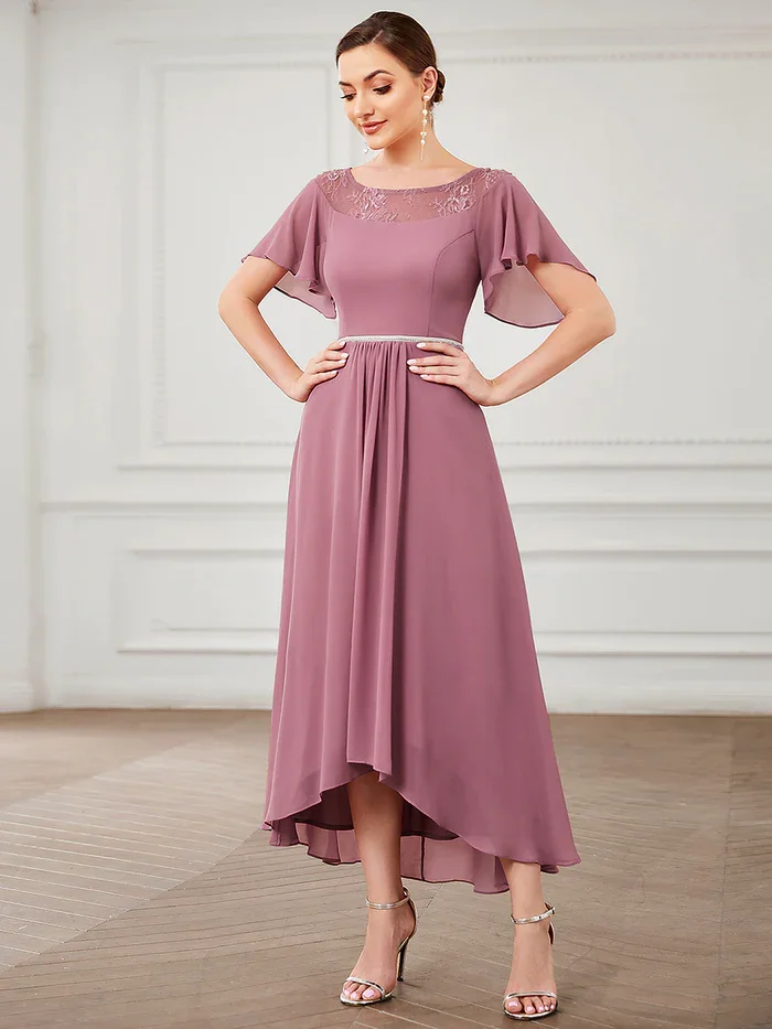 

Every Ptty Women's Elegant A-line Ruffle Short sleeved High Low Chiffon Mid length Bridesmaid Dress