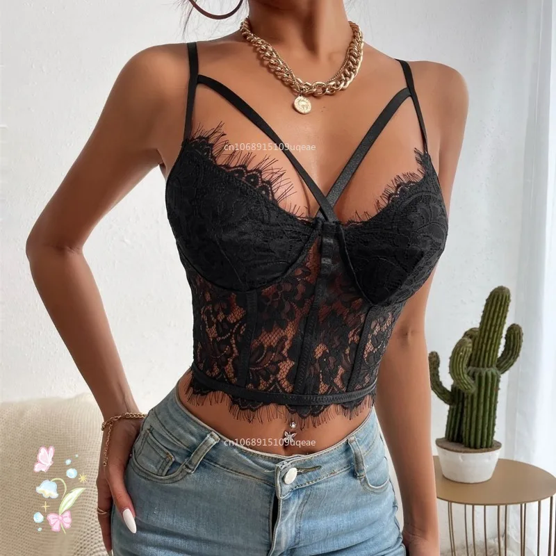 Women Corset Camisole Adult Solid Color Lace Hollow-Out Sleeveless Backless Spaghetti Strap Crop Tops Summer