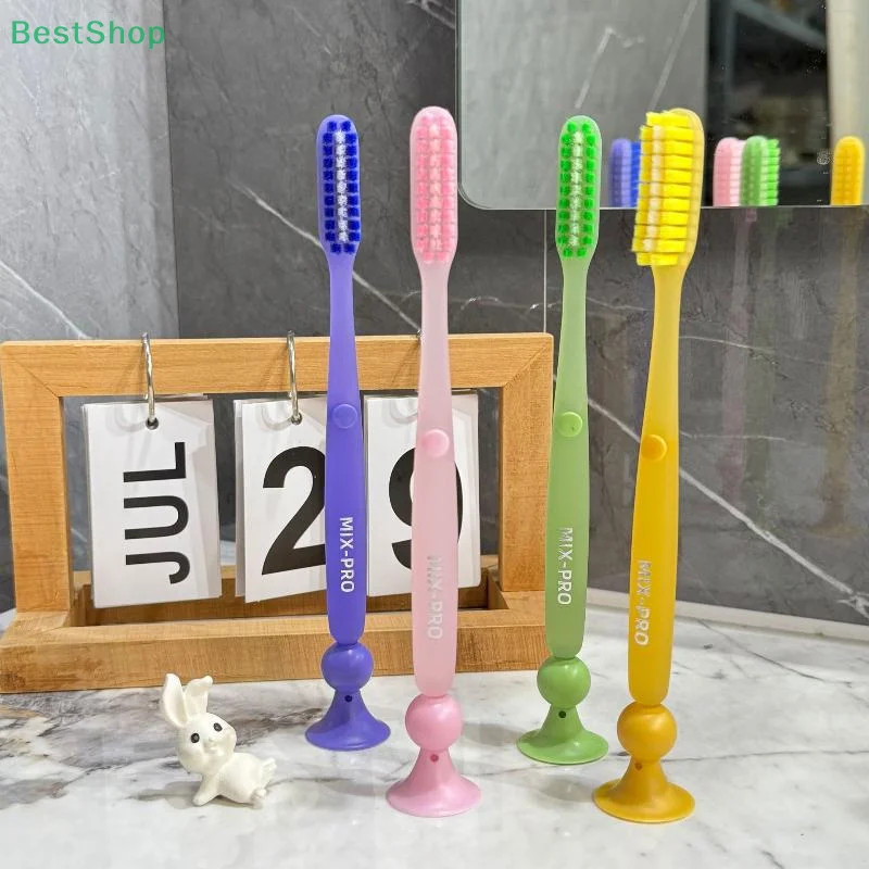 ♥Extra-long Brush Head Antibacterial Soft Bristle Toothbrush With Non-slip Handle And Suction Cup Base Upright Design