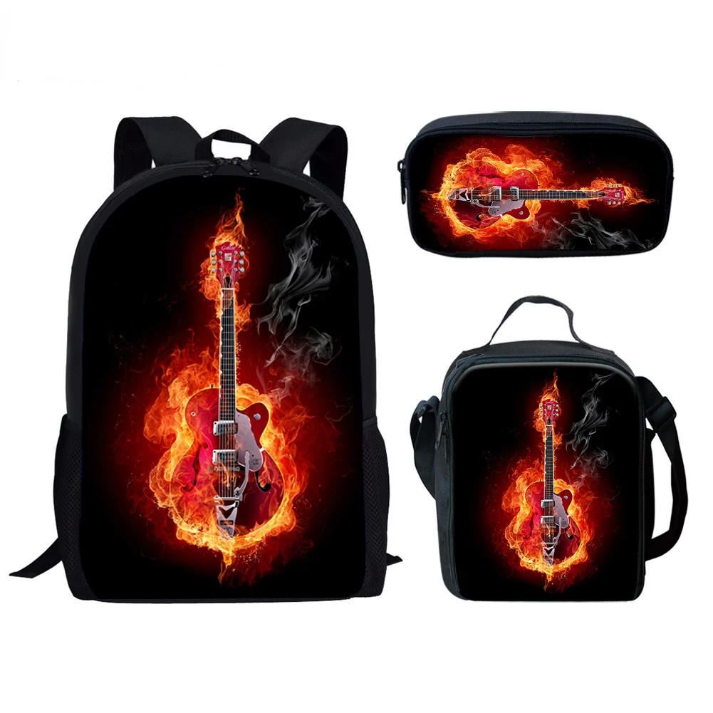 Funny Music Guitar 3pcs/Set Backpack 3D Print School Student Bookbag Anime Laptop Daypack Lunch Bag Pencil Case Kids Gifts