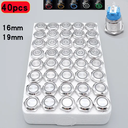 Imagen 1 del producto 40 Uds 16mm 19mm interruptor de botón de Metal PC luz LED de alimentación impermeable arranque de coche encendido apagado enganche momentáneo 3V 5V 6V 12V 24V 220V rojo