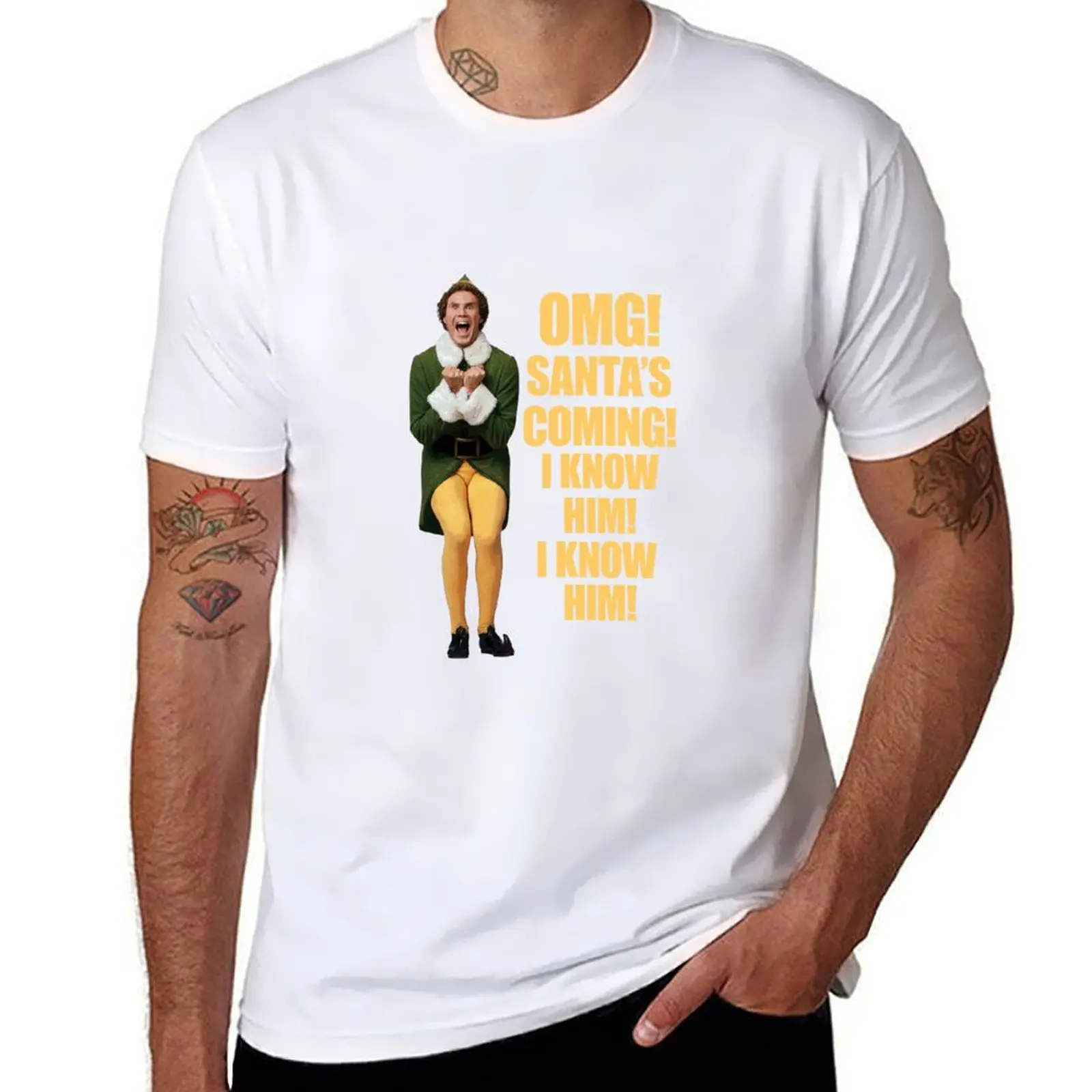 

OMG!! SANTA'S COMING I KNOW HIM!I KNOW HIM!! Elf Christmas Movie Buddy Will Ferrell yellow T-Shirt