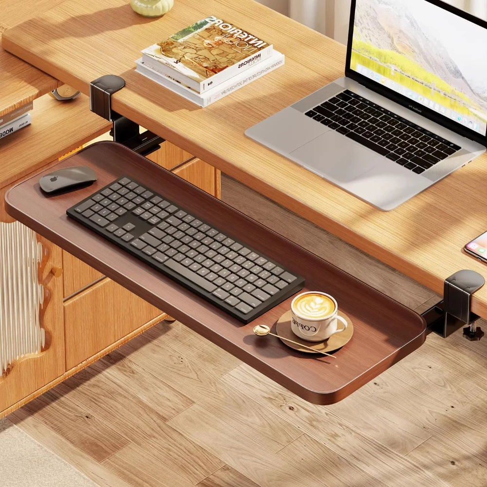 No Drill Keyboard Tray for Office Desk, Clamp on Arm Extension Shelf, Multifunction Side Mount Board with Mouse Pad Black Steel