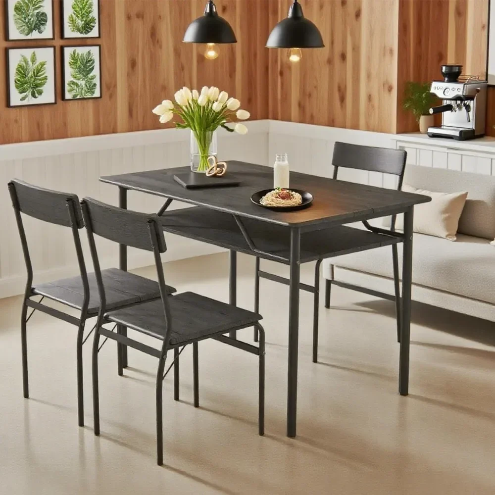 

dining table set for 4, wood kitchen table and chairs with storage shelves & metal frame, compact mid-century modern rectangle