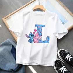 Stitch Disney Kids T Shirt Clothes Tops Children's Clothing Letter A-Z Summer Cute Cotton Short Sleeve Tee New Boys Girls Gifts