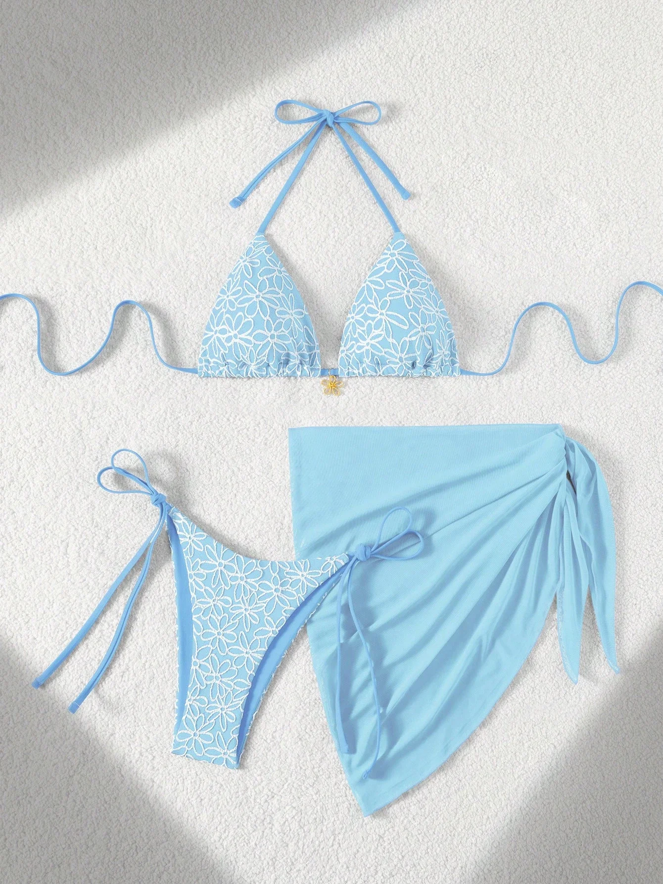

3 Piece Blue Floral Bikini Set With Halter Top Side Tie Bottoms And Mesh Skirt For Women