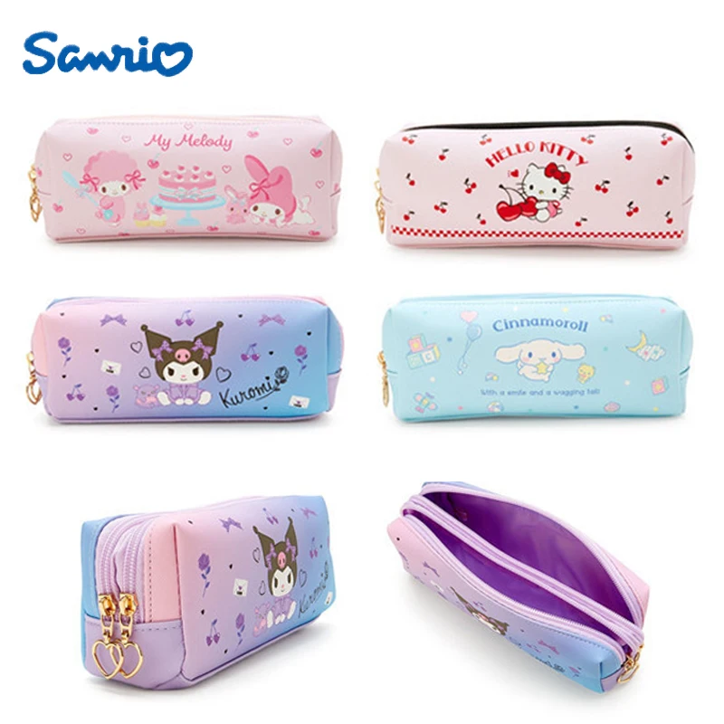 Sanrios Hellokittys My Melody Cinnamoroll Student Pencil Case Cartoon Kuromi PU Large Capacity Makeup Brush Travel Storage Bag