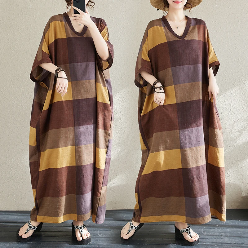 Letnia kwiecista sukienka w stylu vintage, długa, z dekoltem w serek, retro, z bawełny i lnu, jednoczęściowa spódnica, duży rozmiar, długa, do pracy, z nadrukiem...