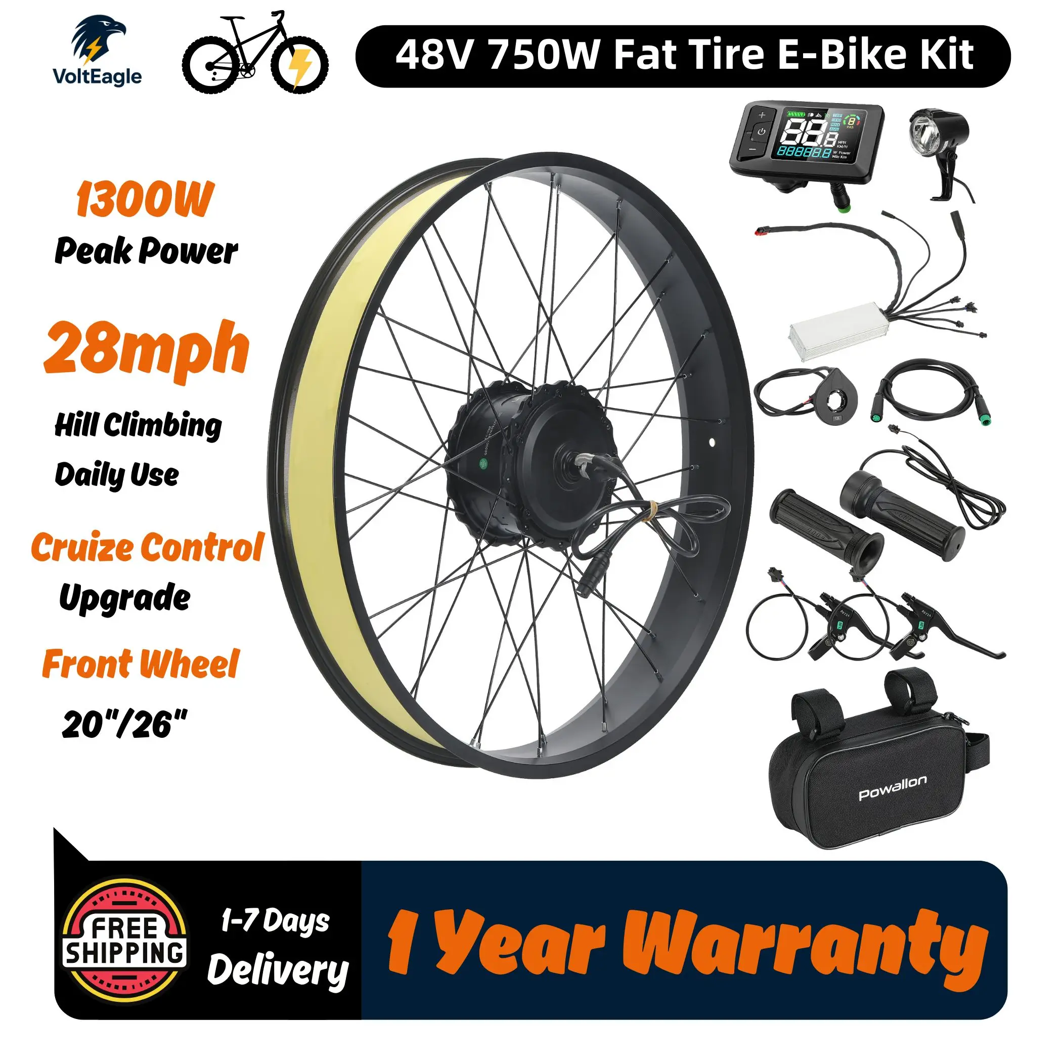 Kit de conversão para bicicleta elétrica Fat Tire, kit de motor de cubo dianteiro de 750 W para bicicleta elétrica, torque de 80 N.m, velocidade máxima de 28 mph, 20 "26" opcional