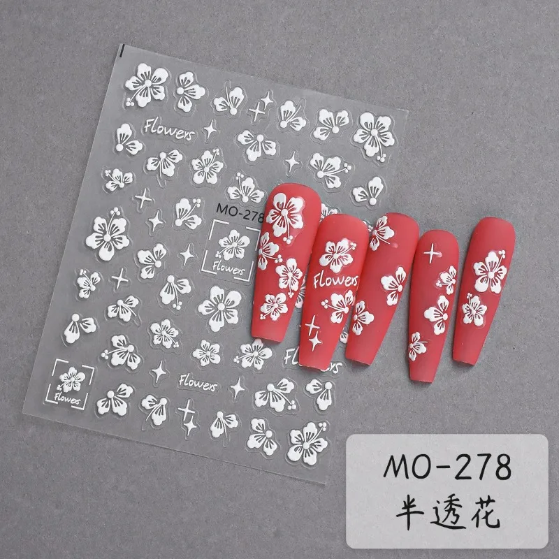 Hot-selling Embossed White Semi-transparent Floral Nail Stickers Pure Desire Style Pink Purple Small Floral DIY Nail Stickers