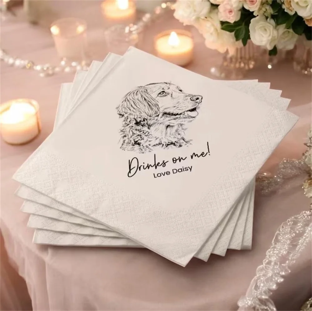 

50 PCS Personalized Pet Cocktail Napkins for Wedding and Bridal Shower - Custom Colored Cocktail Napkins With Cat And Dog Portra