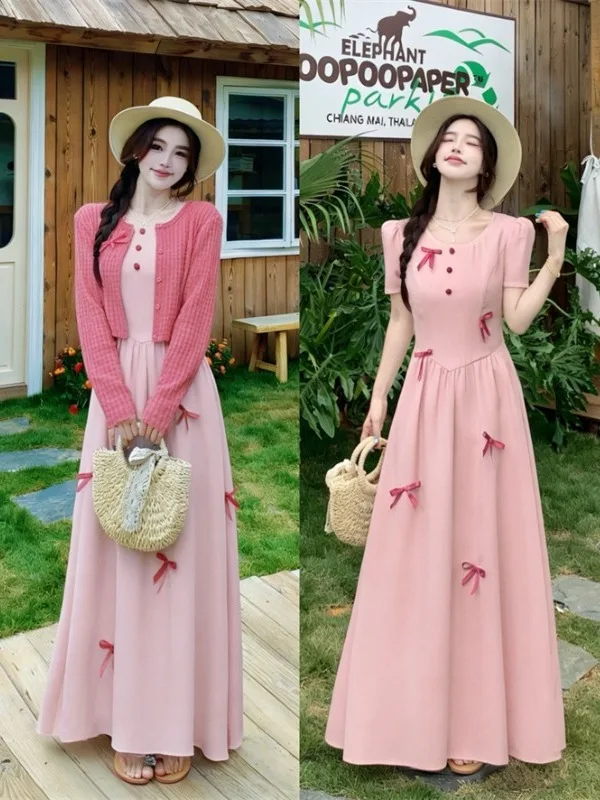 

Raspberry Color Short Bubble Sleeve round Neck Cardigan Set with Large Size Summer Knot Dress for plus Size Women