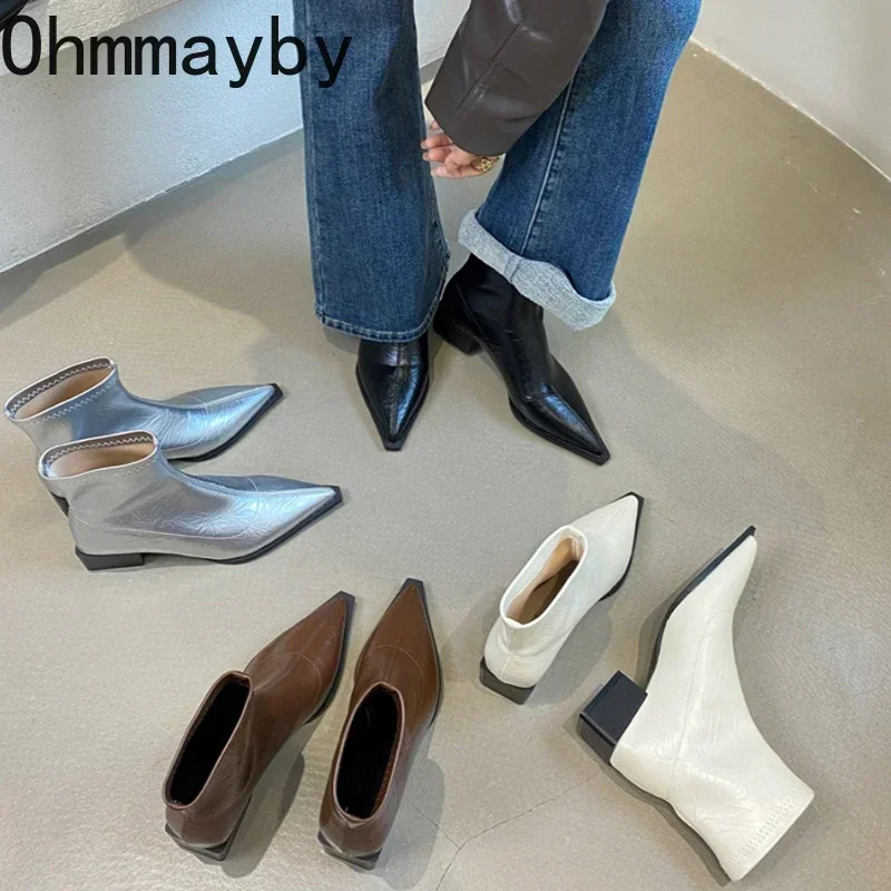 Pointed Toe Women Ankle Boots Fashion Thick Heel Slimming Short Booties Autumn Winter Soft Leather Female Shoes