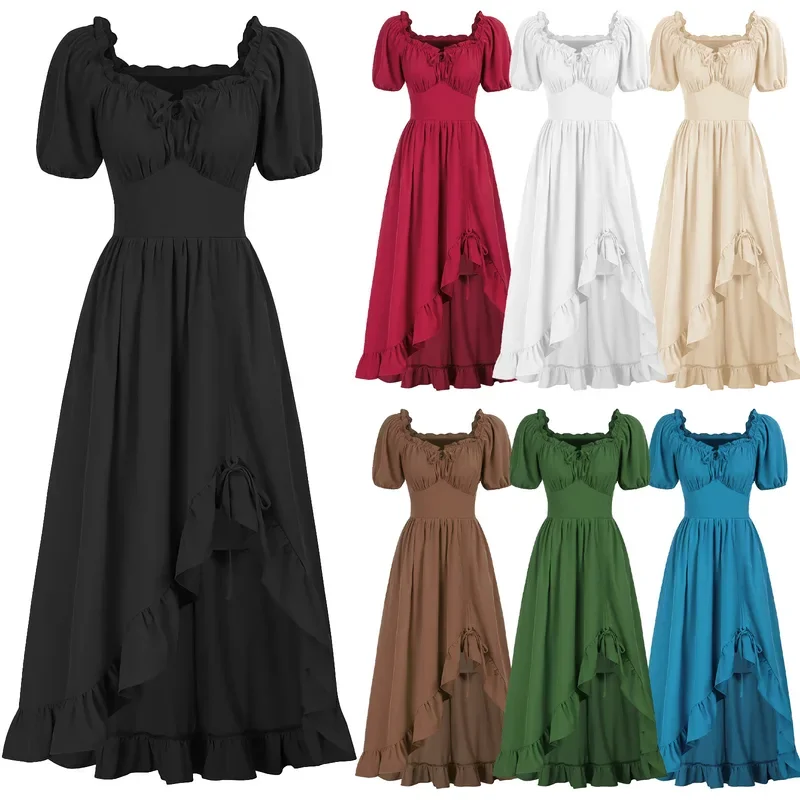 Victorian gothic vintage court drawstring ruffle dress Halloween cosplay costumes women steampunk retro short sleeve dresses