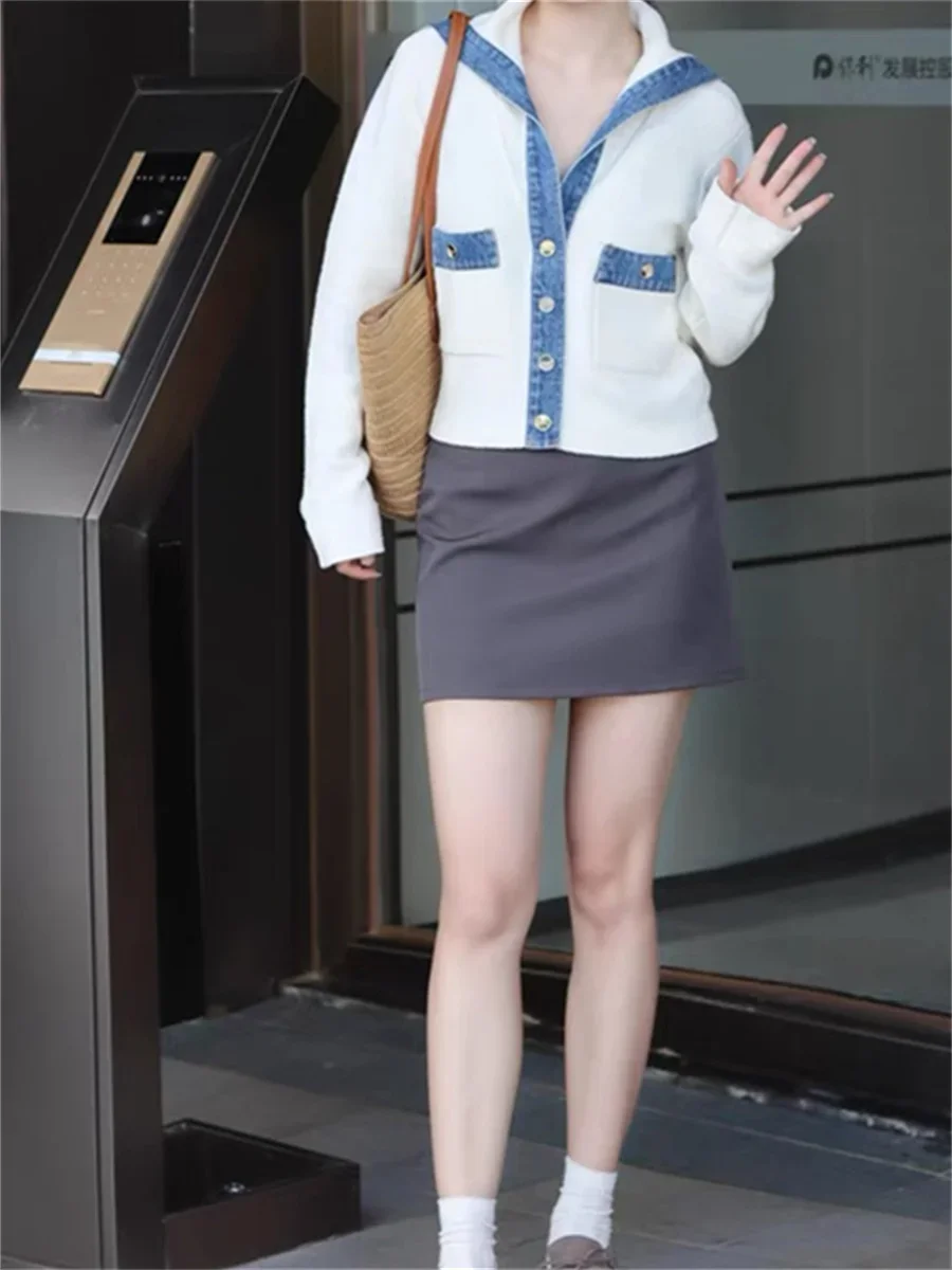 

Women Denim Splice Sailor Collar Knit Short Cardigan Single Breasted Pocket Sweater Coat Fall Winter