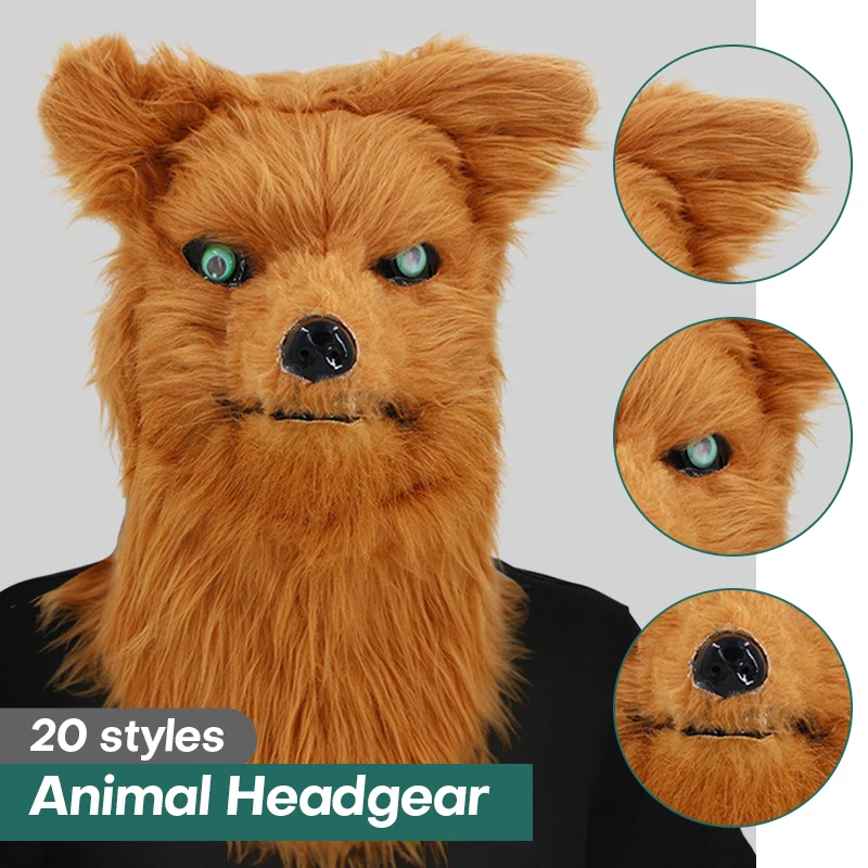 Halloween Plush Fox Mask With Movable Mouth Full Head Dog Wolf Masks Realistic Animal Mask Halloween Party Cosplay Costume Props