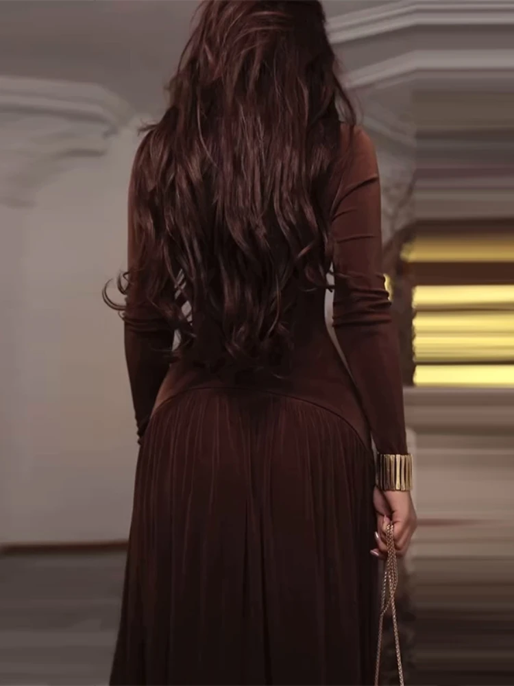 Autumn Maxi Dress For Women Sexy Fashion Solid V Neck Long Sleeve High Waist Slim Elegant Club Party Pleated Velvet Long Dress