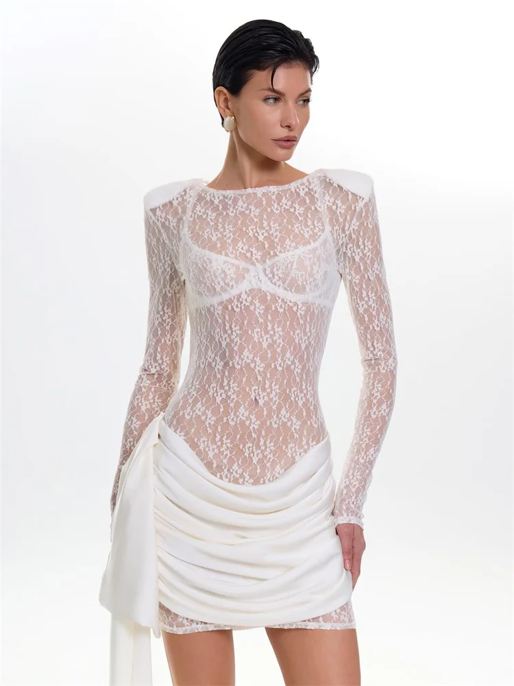 Tossy verano transparente estampado Mini vestido para mujer plisado Patchwork manga larga elegante vestido de fiesta vestido de encaje femenino 2026