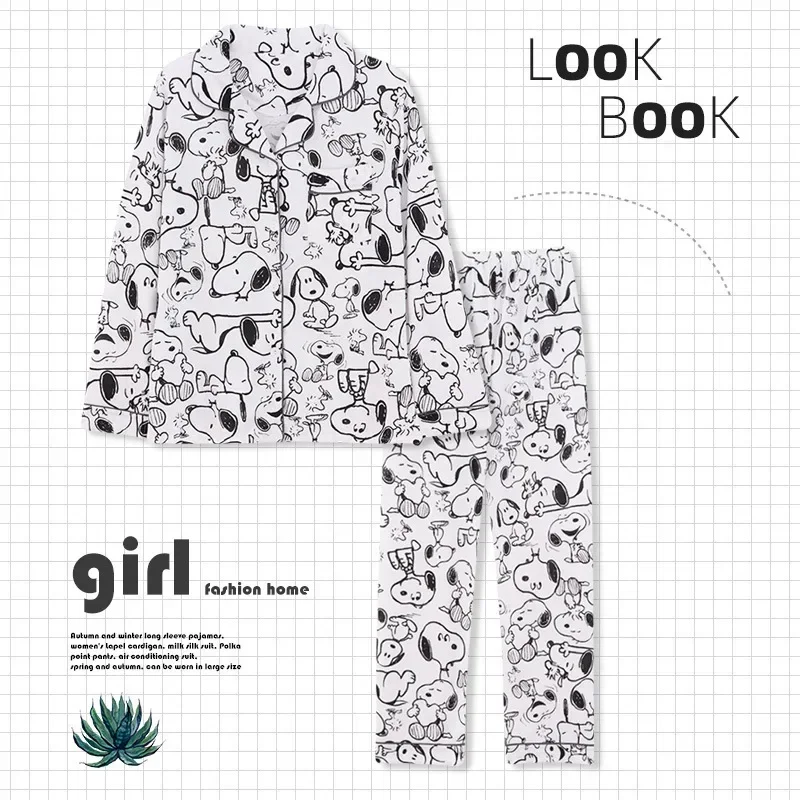 بدلة صوفية سنوبي ملابس منزلية ملابس نوم كرتونية لطيفة ثوب نوم بيجامة نسائية للربيع والخريف بأكمام طويلة