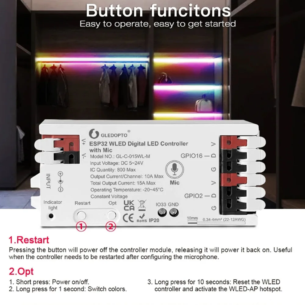 ESP32 WLED LED Controller Mic Microphone Music Dynamic RGB IC DIY App WS2811 WS2812 SK6812 TM1814 WS2813 WS2815 LED Strip light