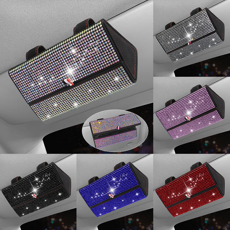 Bling Car Sunglass Holder Crystal Sparkling Glasses Eyeglasses Case Storage Organizer Protective Box Car Accessories for Women