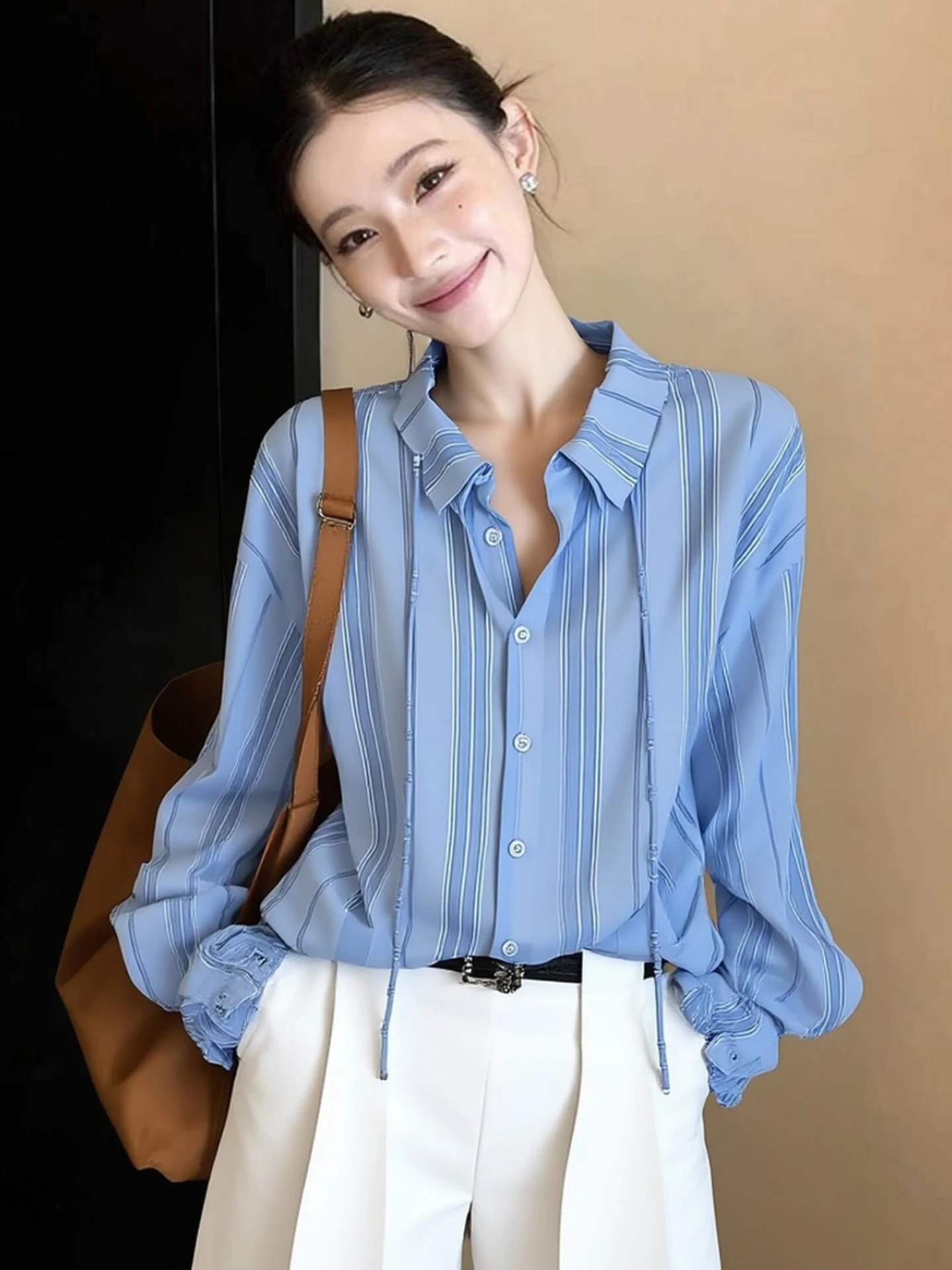 

Женская блузка в полоску с длинным рукавом, свободного кроя, в корейском стиле, на одной пуговице, для повседневной носки, весенняя мода