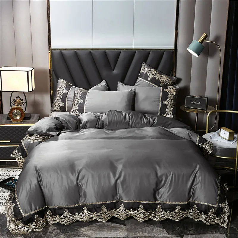 European Style Animal Washed Silk Embroidered Four Piece Bedding Set Wool Quality All-Season Solid Color Ice Silk Cool Bedding